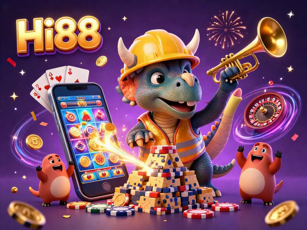 Join Hi88 for dynamic gaming excitement with triceratops building poker chip towers amidst casino celebrations.