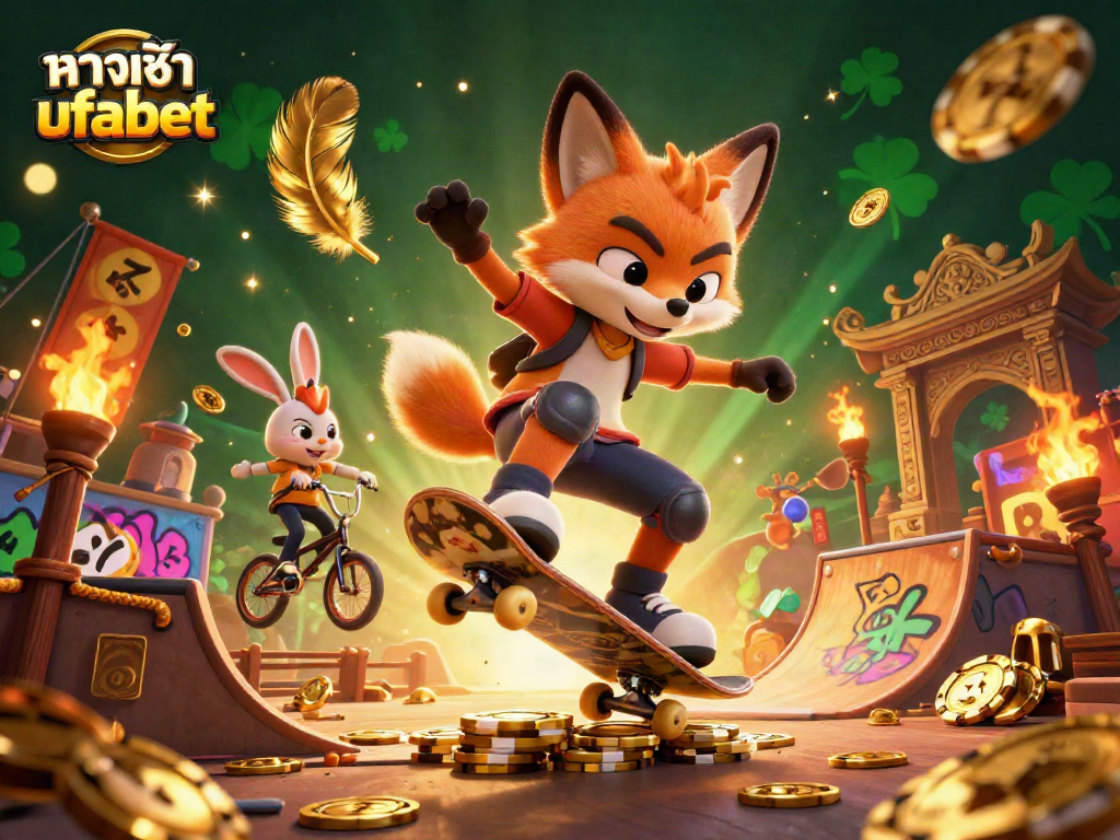 Bet on ทางเข้า ufabet with a 3D skateboarder fox and BMX rabbit showcasing thrilling tricks in a vibrant casino scene.
