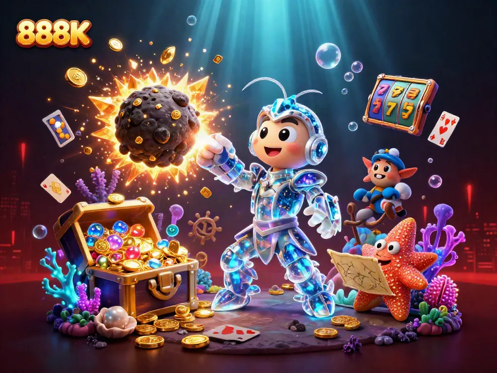 Engage with 888K's exciting slots as the galactic samurai mantis shrimp defeats asteroids showering gold gems.