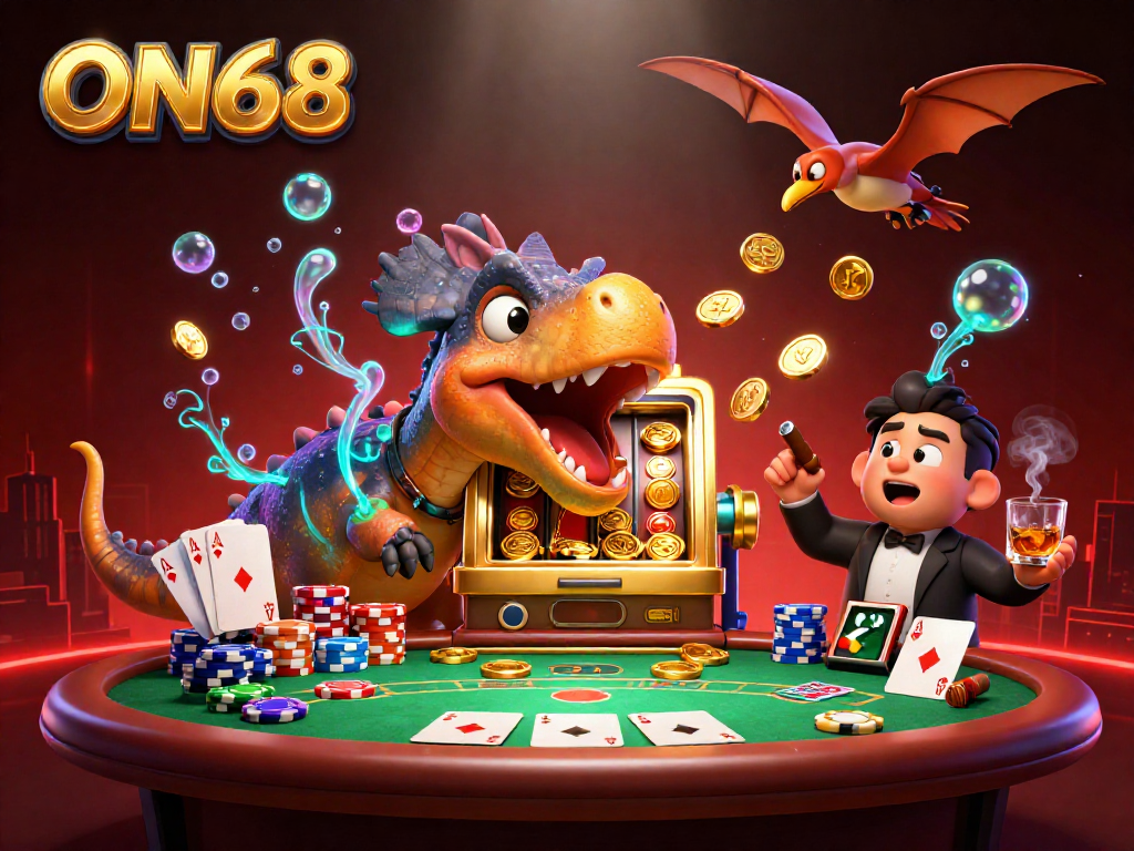 Watch ON68's pachycephalosaurus win jackpots at the casino amid flying coins and poker chaos.