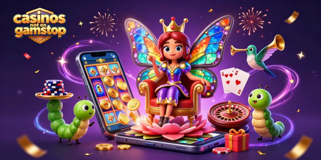 Engaging scene of casinos not on gamstop featuring a vibrant butterfly queen, poker chips, and joyful slot action.