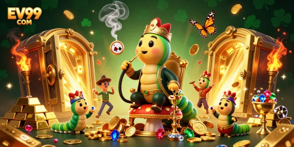 Experience the excitement of EV99 COM with a vibrant casino-themed 3D illustration featuring gold treasures.