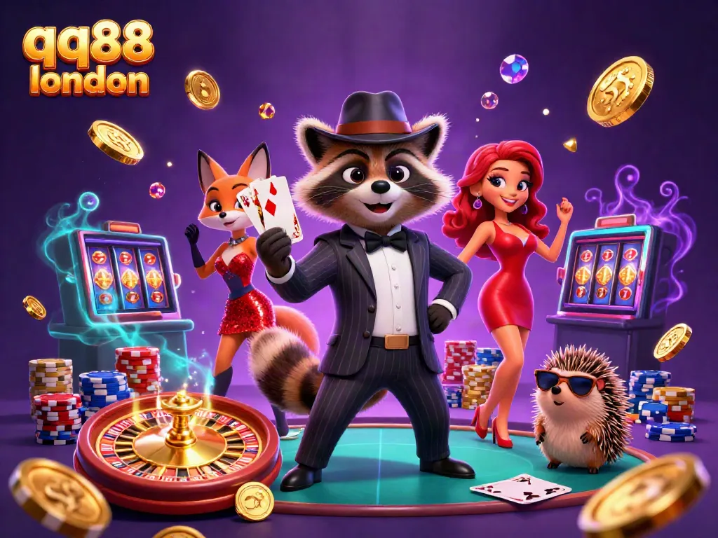 Experience exciting gameplay at qq88 london with colorful characters amidst dynamic casino elements and a vibrant backdrop.