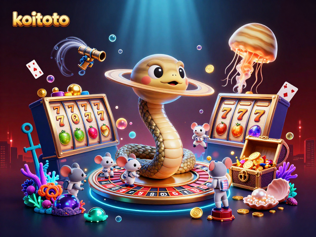 Koitoto menampilkan ilusi kasino 3D yang memikat dengan elemen slot dan karakter lucu menambahkan suasana judi.