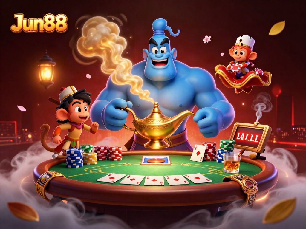 Engage with Jun88's thrilling poker action featuring genies and magic!