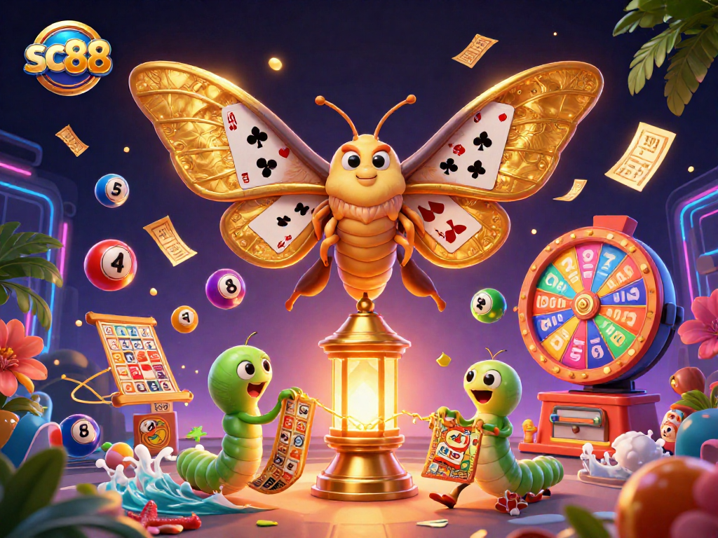 Engage with exciting sc88 gameplay featuring a vibrant 3D illustration of lottery and casino elements.