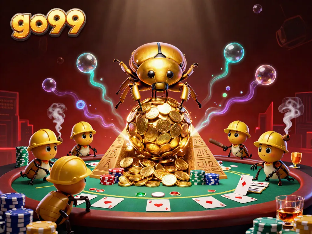 Engage with go99's thrilling gaming scene featuring golden beetles and casino symbols.