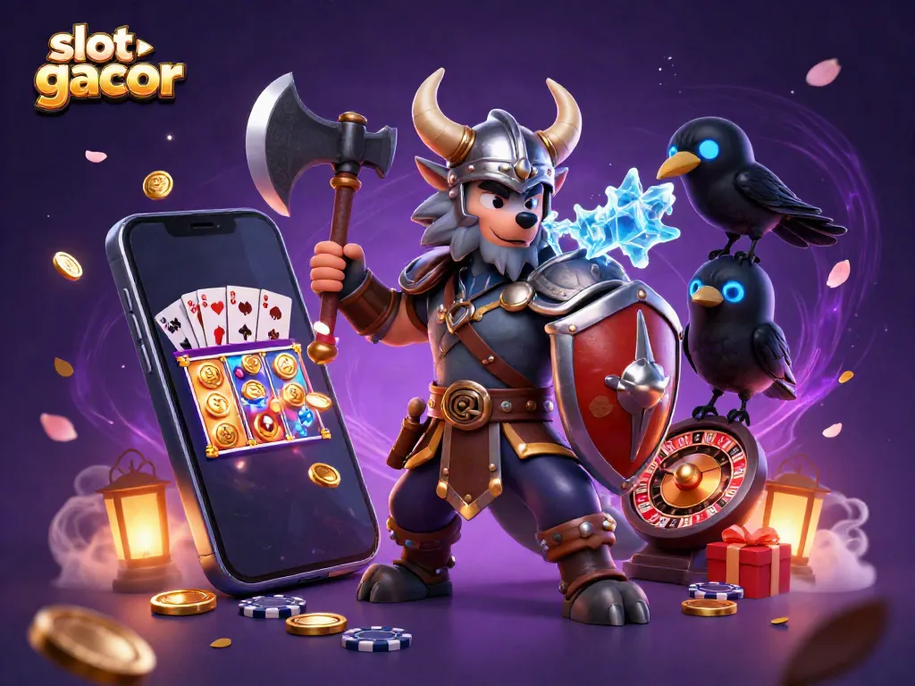 Engage with slot gacor featuring a Viking wolf warrior, ice-breathing dragon, and casino elements.