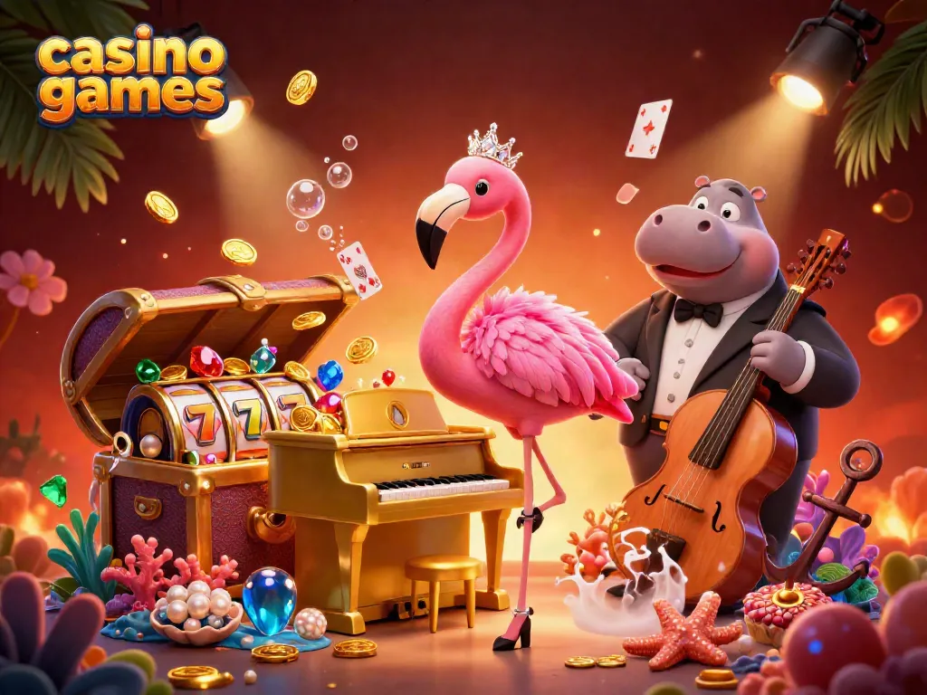 Win at casino games with 3D characters enjoying vibrant slots and jackpots in a lively atmosphere.