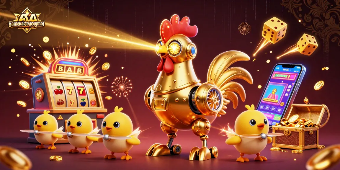 Engage with gamebaidoithuongmoi through an exciting 3D illustration of a golden rooster robot and vibrant casino elements.