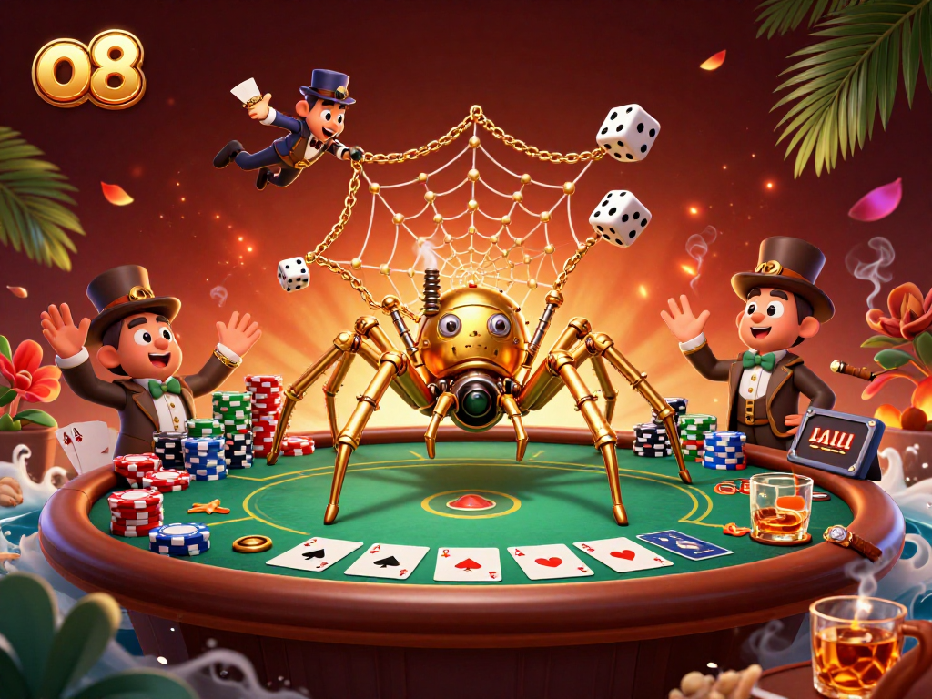 Experience the thrill of gameplay at o8 with a lively steampunk casino scene featuring poker elements and dynamic characters.