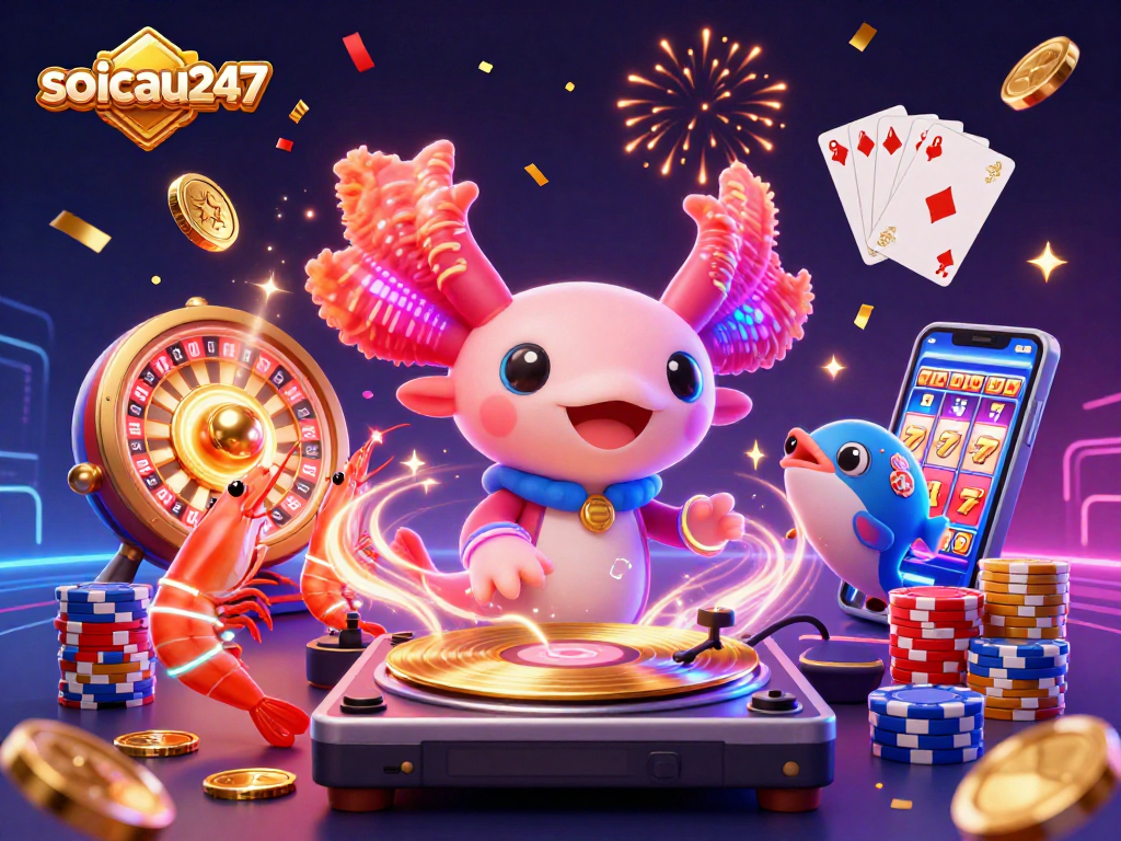 Spin to win with soicau247 at this lively casino party featuring vibrant characters and games.