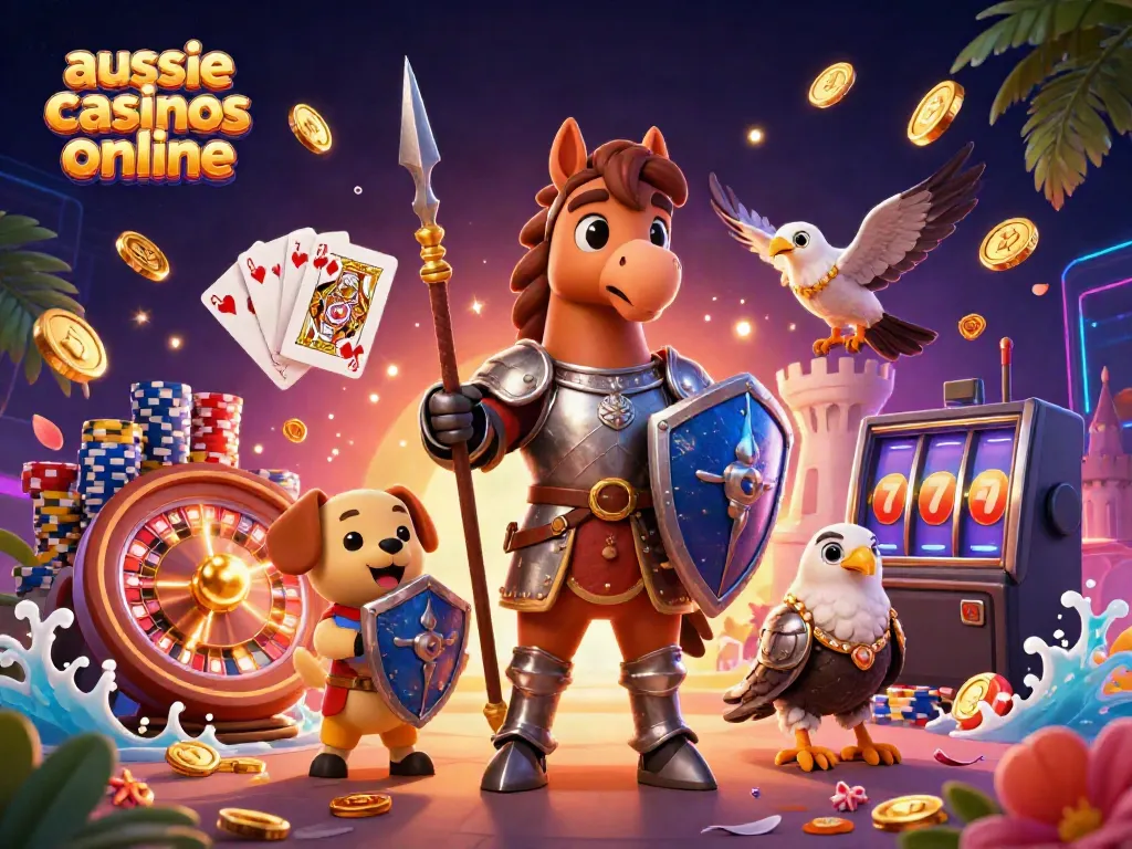 A dynamic scene with a knight, puppy, and falcon celebrating aussie casinos online, surrounded by casino elements.