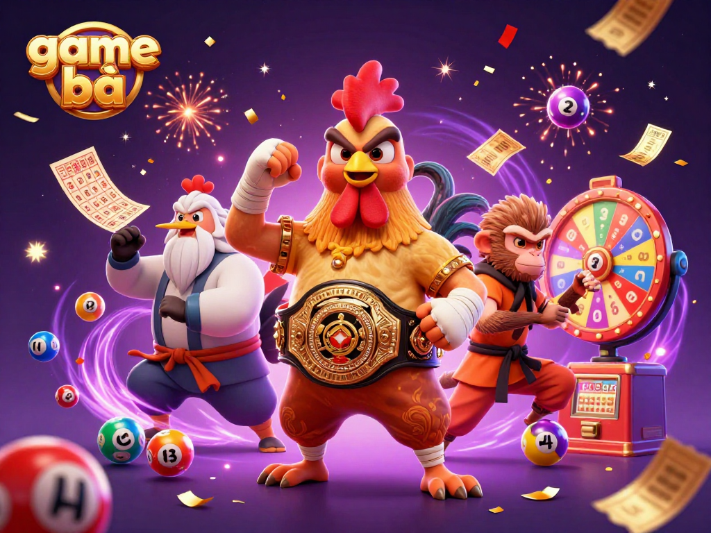 Engage in game bài excitement with a vibrant 3D illustration featuring an animated rooster, monkey, and crane.