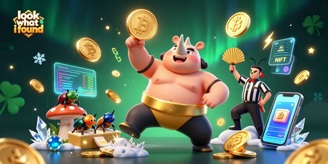 Experience the excitement of "look what I found" with a vibrant casino scene featuring a cartoon beetle champion and cryptocurrency elements.
