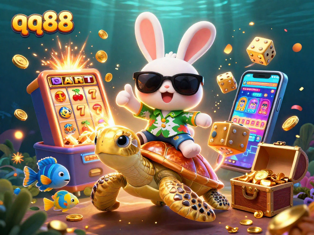 Experience exciting gaming action at qq88 with the lucky rabbit and golden sea turtle illustration.