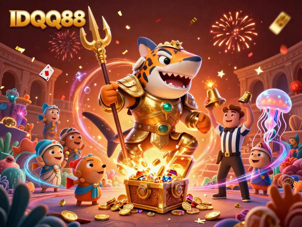 Experience IDQQ88's thrilling underwater colosseum with a shark champion and treasure galore!