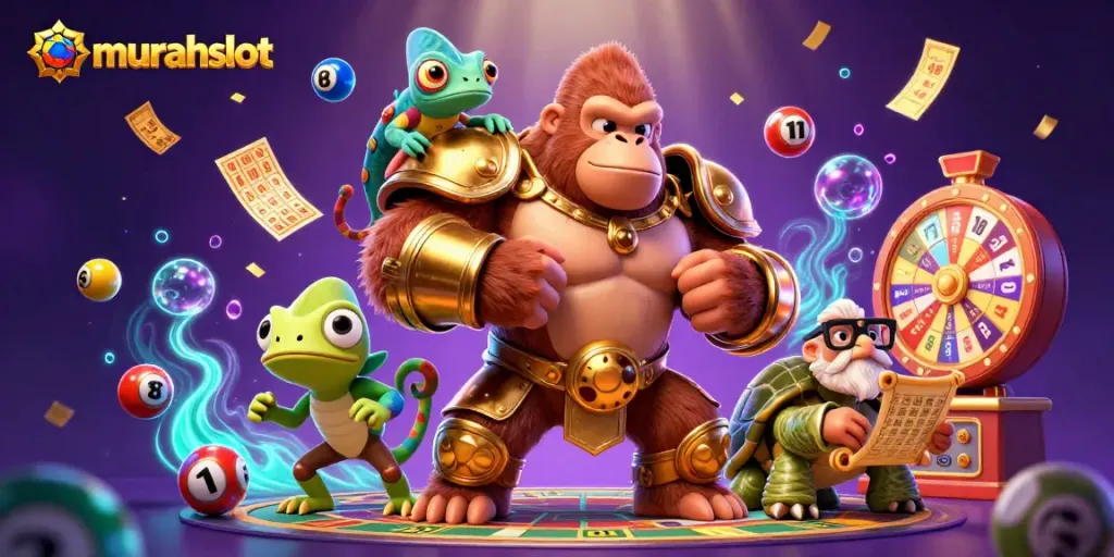 Memainkan permainan slot di murahslot dengan simbol jackpot dan bola lotere berwarna.