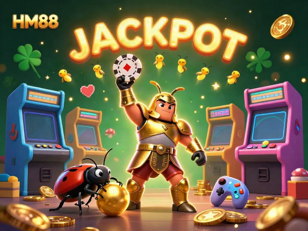 Experience the excitement of HM88 with a victorious beetle lifting a poker chip surrounded by dynamic casino elements.