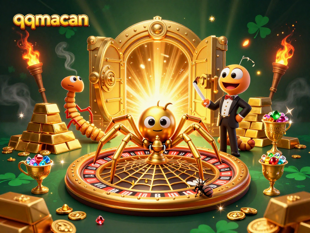 Bet on luck with qqmacan in a vibrant 3D casino scene featuring spinning roulette and golden treasures.