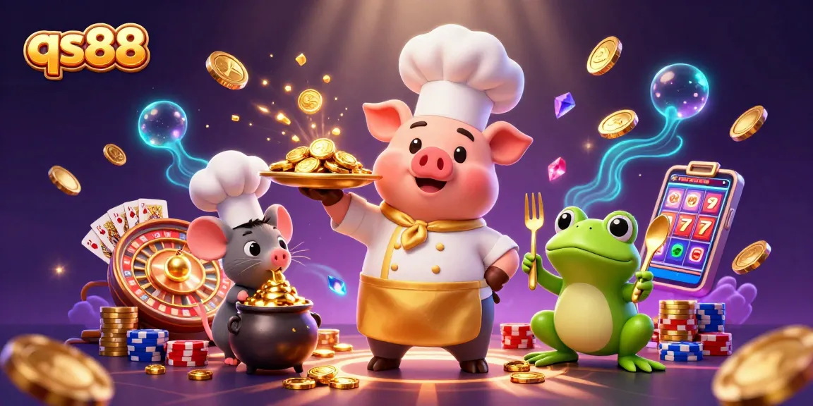 Experience qs88 slot and casino adventures with vibrant 3D illustrations of chefs and treasure.