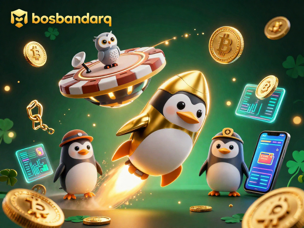 Play exciting casino games at bosbandarq, featuring vibrant golden coins and crypto elements.