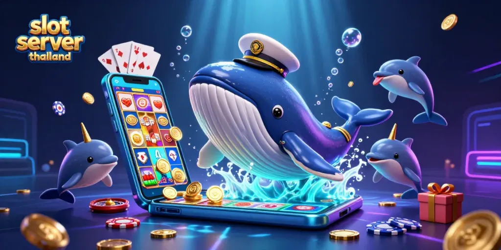 Engage with slot server thailand in this vibrant 3D illustration featuring playful marine characters and casino elements.