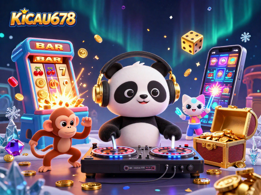 KICAU678 features an energetic DJ panda, breakdancing monkey, and rave kitten at a vibrant casino party.