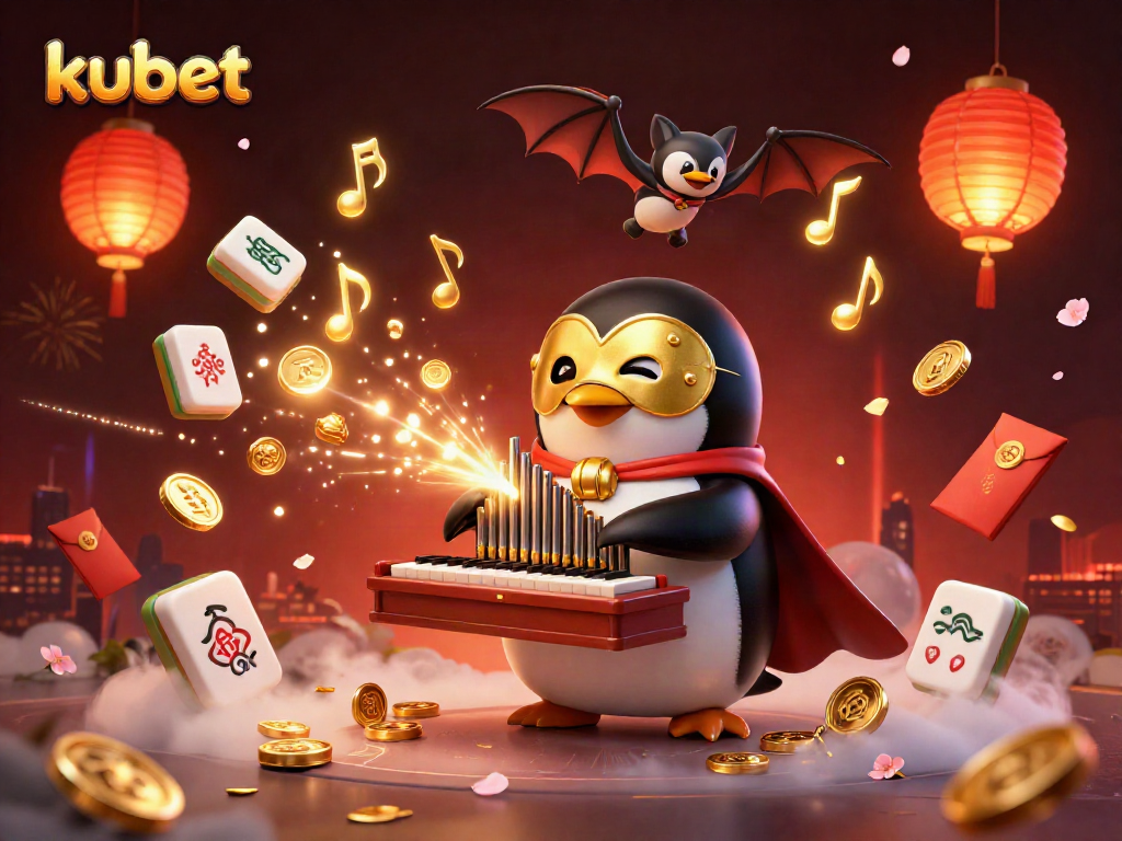 Engage with kubet through a vibrant 3D illustration featuring a phantom opera penguin and festive casino elements.