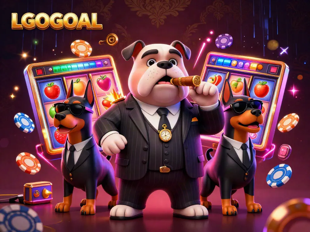 Experience thrills with LGOGOAL in this vibrant casino scene featuring a mafia bulldog and slot machines.