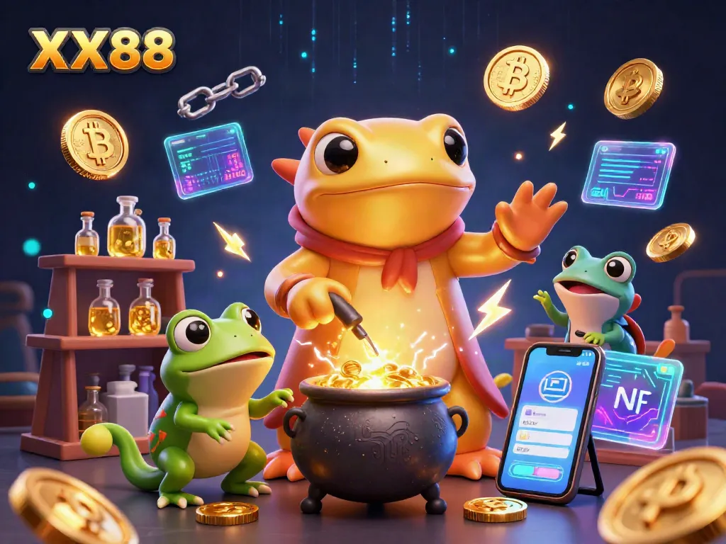 Experience thrilling games at XX88 with golden alchemist characters surrounded by crypto coins.