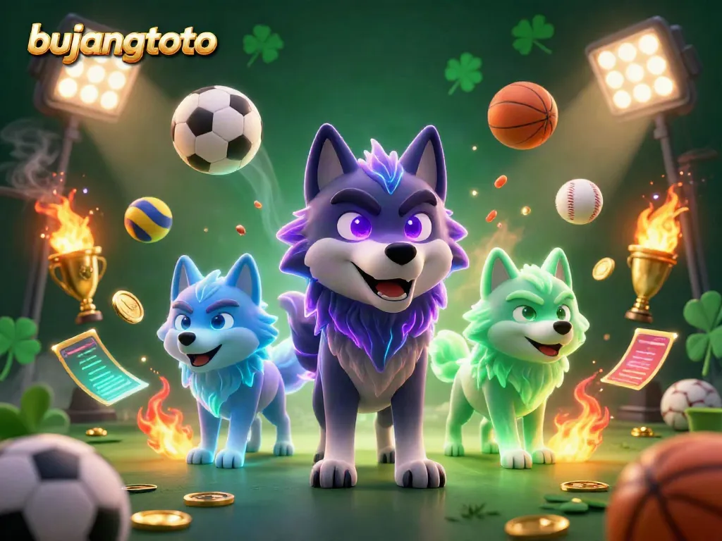 Experience the thrill of bujangtoto with animated wolves, sports elements, and dynamic gambling visuals.