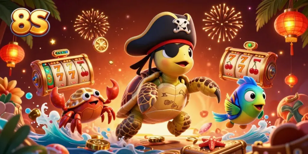 Experience thrilling gameplay with 8S in a vibrant casino scene featuring jackpot reels.