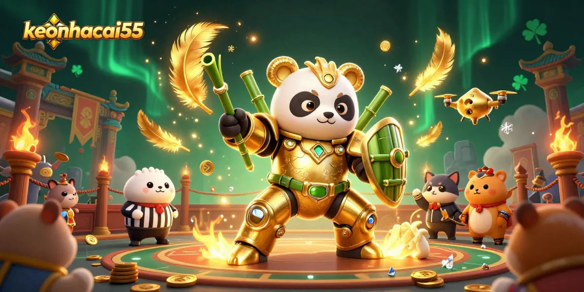 Experience thrilling gameplay with keonhacai55 in an epic casino battle illustration featuring a mech-suit panda.