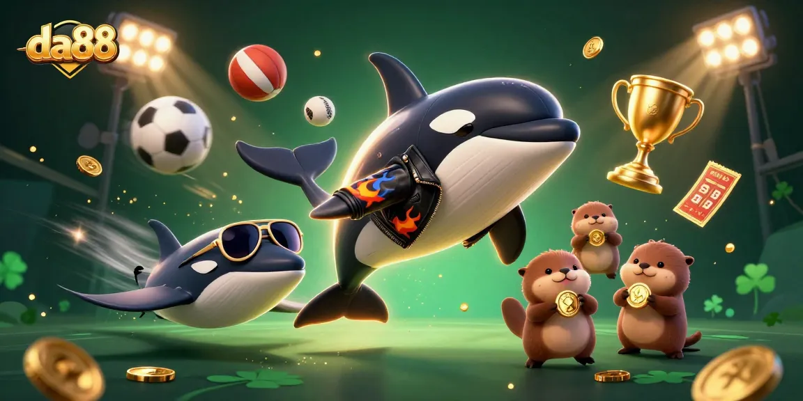 Engage in thrilling casino action with da88 featuring an orca, stingray, and otters amidst sports elements.