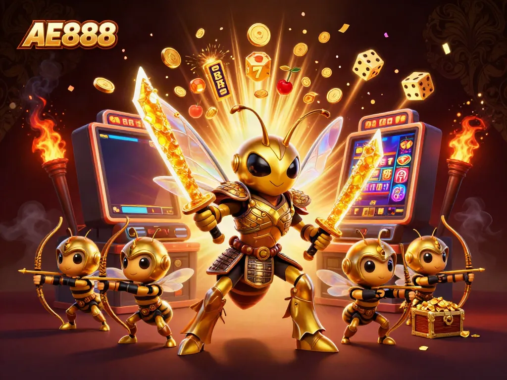 Experience the excitement of AE888 with a vibrant 3D casino scene featuring dynamic characters and game elements.