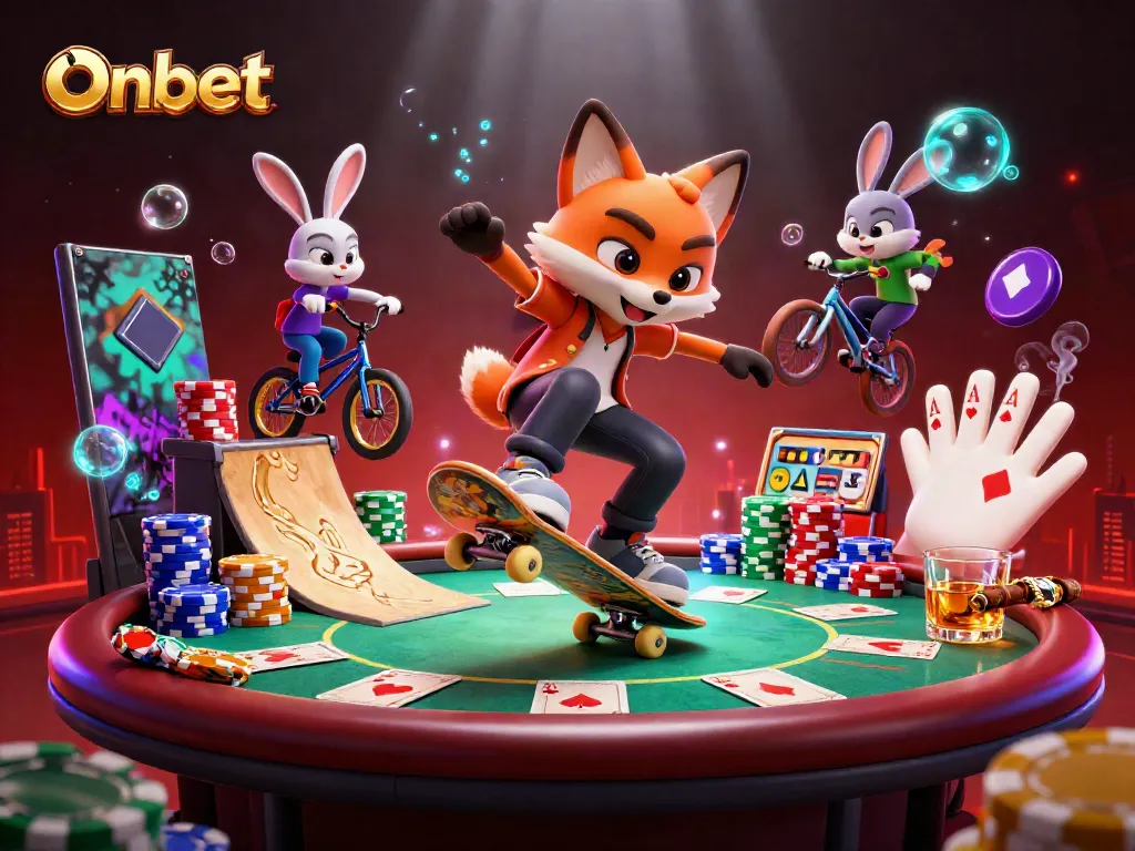 Onbet showcases thrilling gaming action with skateboarder and BMX rabbit amid vibrant casino elements.