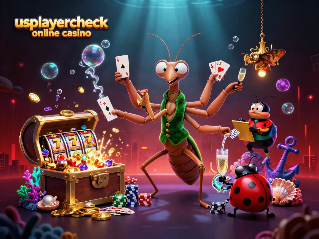 Engage at usplayercheck online casino with vibrant gaming scene featuring a giant mantis dealer.