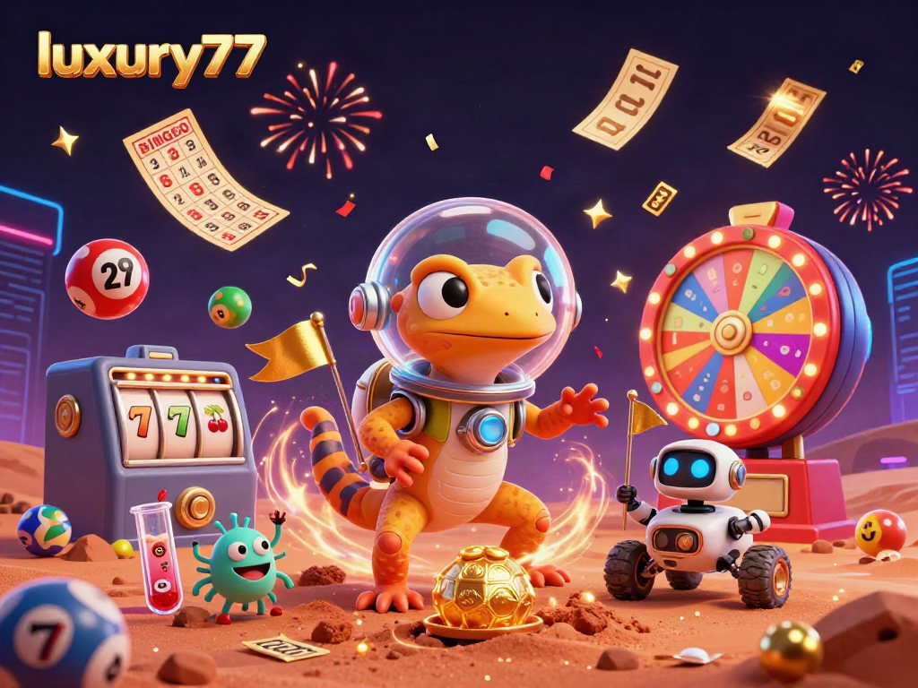 Permainan luxury777 menghidupkan suasana kasino dengan slot dan perayaan warna-warni.