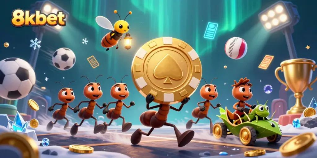 Experience thrilling 8xbet adventures with ants and sports elements in a vibrant heist scene.