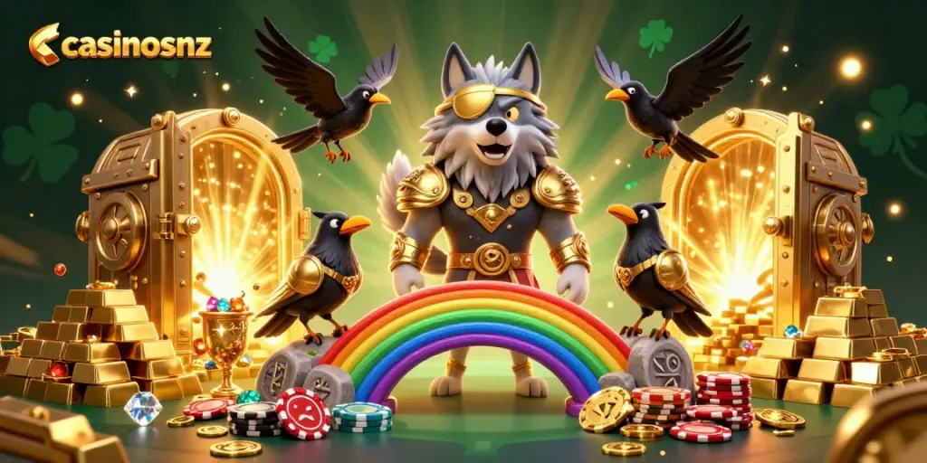 Experience the thrill at casinosnz with Norse-inspired characters amidst a vibrant casino setting.