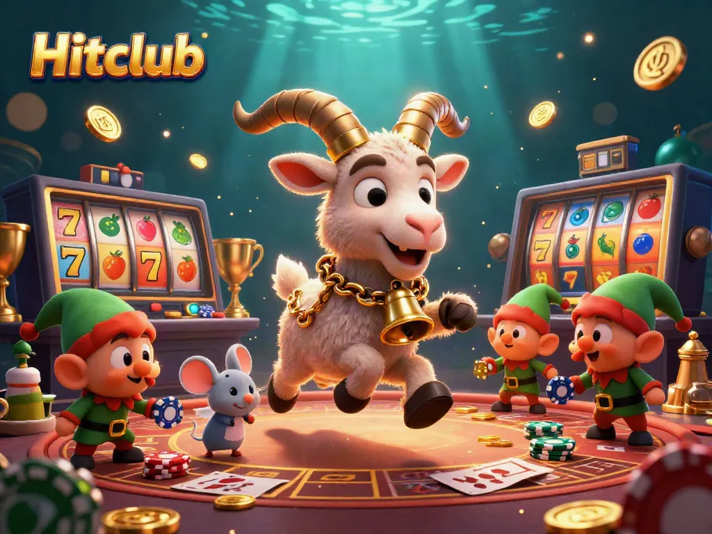 Hitclub showcases a festive casino scene with a Krampus goat interacting with cheerful characters amid vibrant gaming elements.