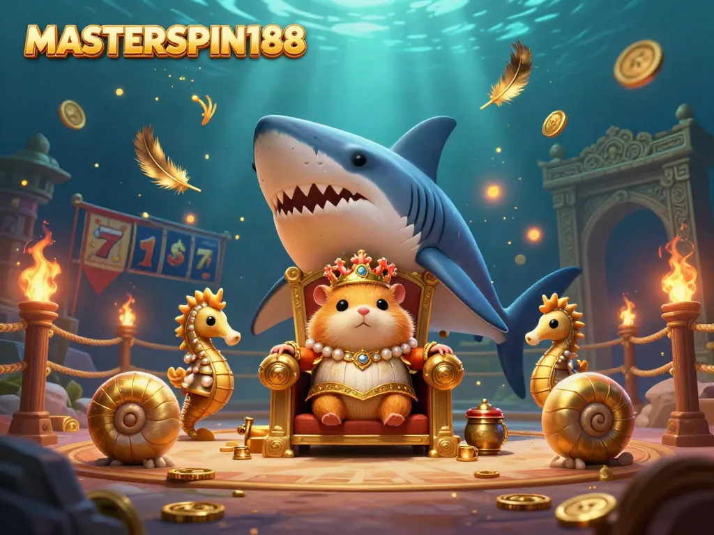 Engage with MASTERSPIN188's thrilling slot experience featuring a golden hamster king and dynamic gambling elements.