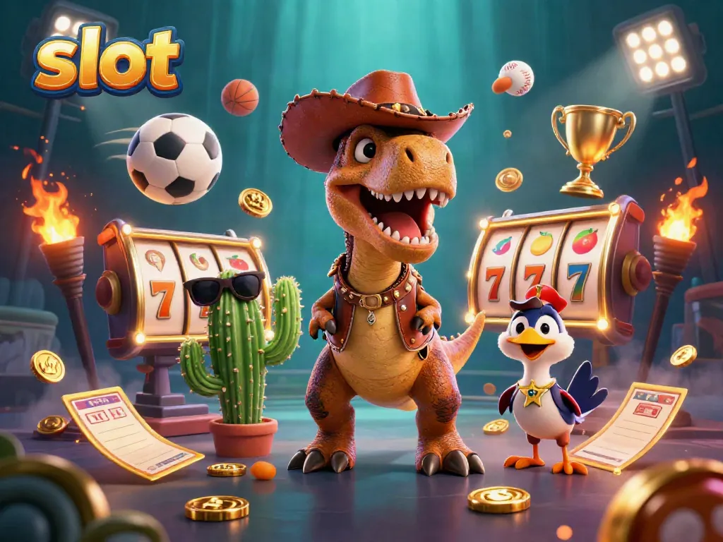 Slot mesin dengan dinosaur koboi dan simbol keberuntungan berputar di kasino.