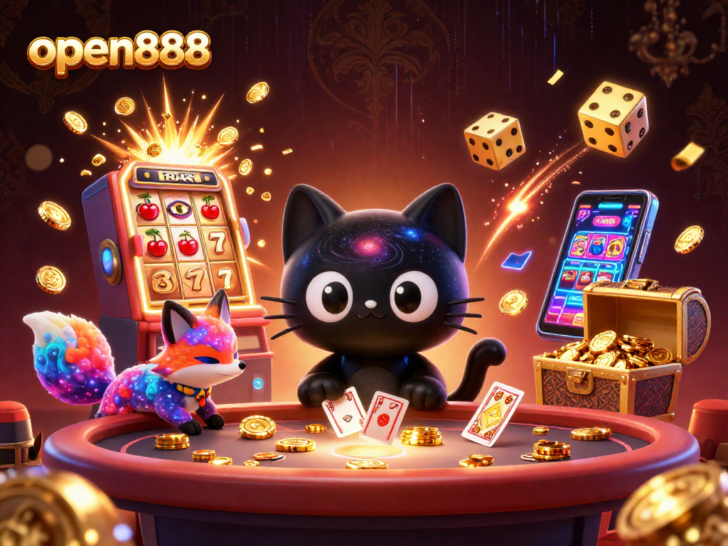 open888 casino scene with a black hole cat and colorful fox, surrounded by slot machines and golden coins
