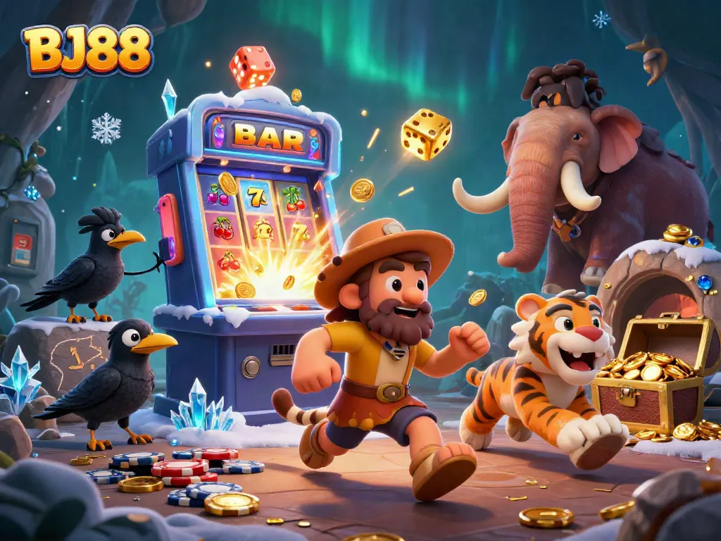 BJ88 brings excitement with a vibrant 3D casino scene featuring a caveman duo, slot machines, and dynamic game elements.