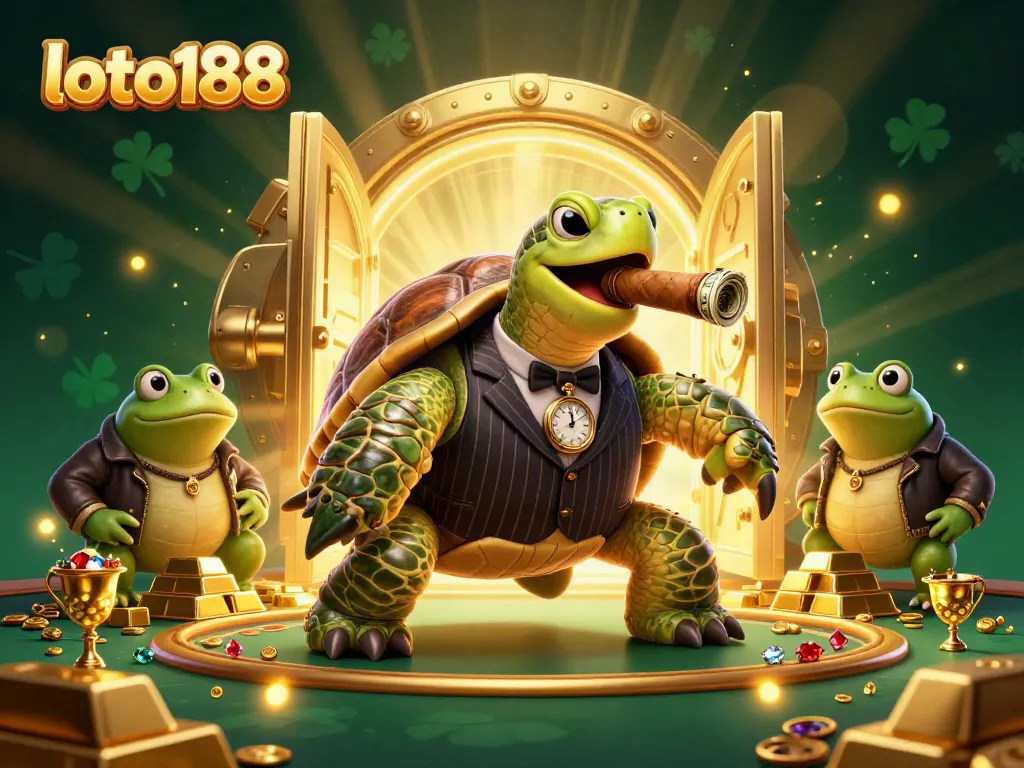 Play games at loto188 with a cartoon turtle dealer and bullfrog enforcers in a dazzling casino.