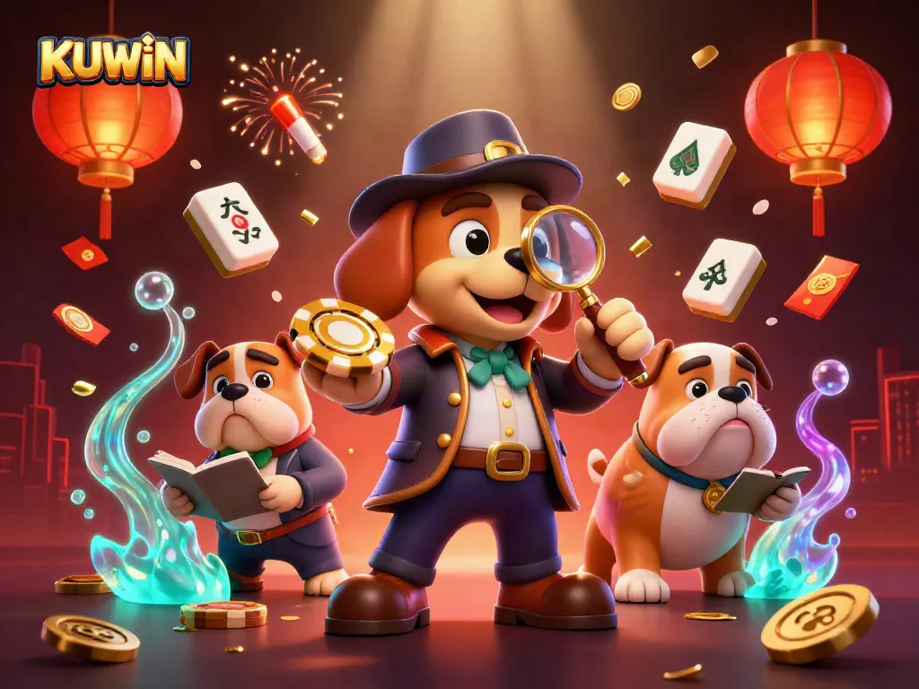 KUWIN players examine golden poker chip clues in a vibrant casino scene with festive decorations.