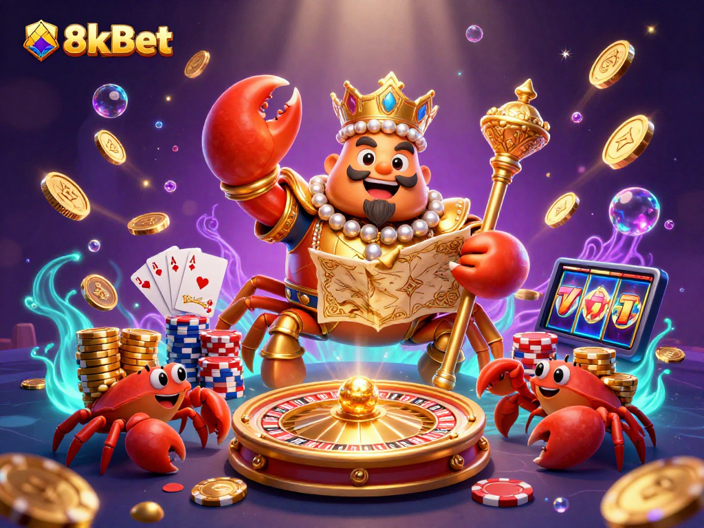 Join the fun at 8xbet with a massive golden crab and treasure map amid cascading coins and vibrant casino elements.
