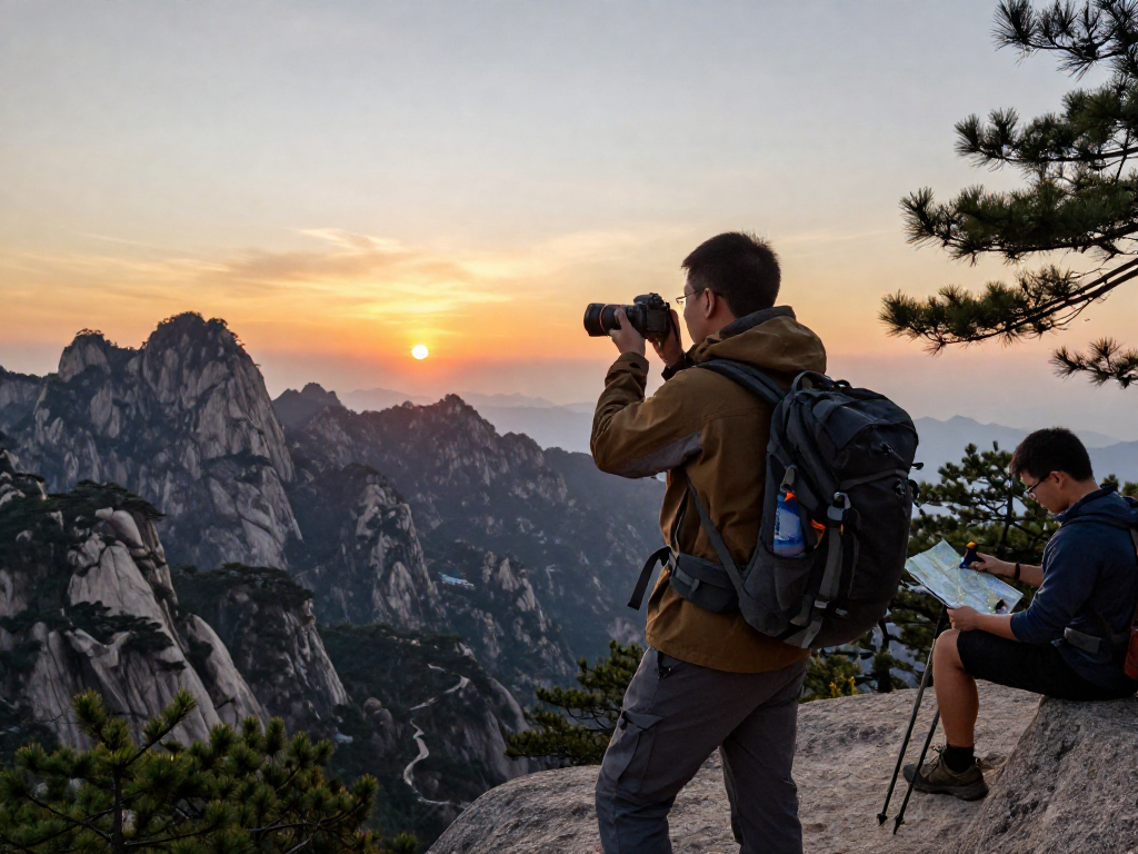 Traveler di https://bos88ap.com/ menikmati pemandangan gunung spektakuler saat matahari terbenam, menangkap foto dengan kamera DSLR.